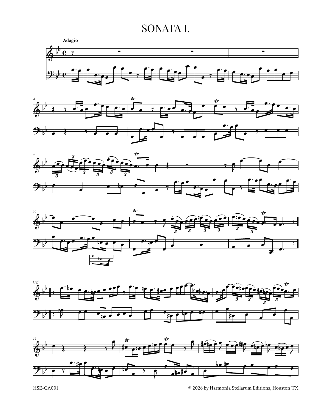 Opening page of Sonata I, with chalumeau and basso continuo staves